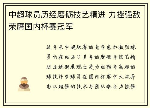 中超球员历经磨砺技艺精进 力挫强敌荣膺国内杯赛冠军