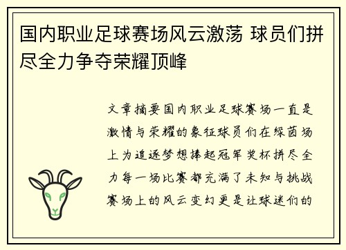 国内职业足球赛场风云激荡 球员们拼尽全力争夺荣耀顶峰