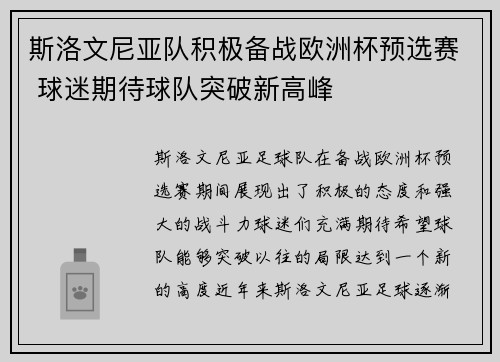 斯洛文尼亚队积极备战欧洲杯预选赛 球迷期待球队突破新高峰