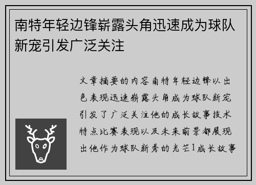 南特年轻边锋崭露头角迅速成为球队新宠引发广泛关注