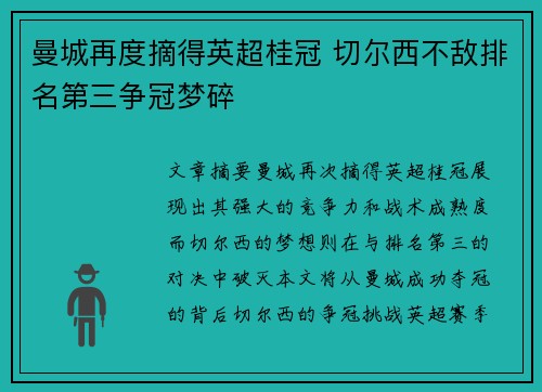 曼城再度摘得英超桂冠 切尔西不敌排名第三争冠梦碎