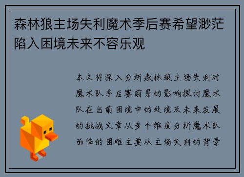 森林狼主场失利魔术季后赛希望渺茫陷入困境未来不容乐观