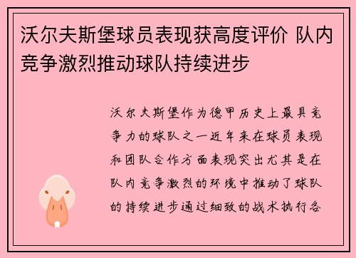 沃尔夫斯堡球员表现获高度评价 队内竞争激烈推动球队持续进步