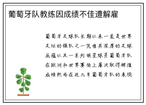 葡萄牙队教练因成绩不佳遭解雇