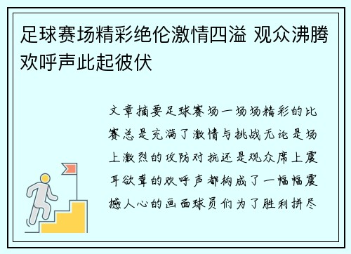 足球赛场精彩绝伦激情四溢 观众沸腾欢呼声此起彼伏