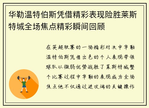 华勒温特伯斯凭借精彩表现险胜莱斯特城全场焦点精彩瞬间回顾